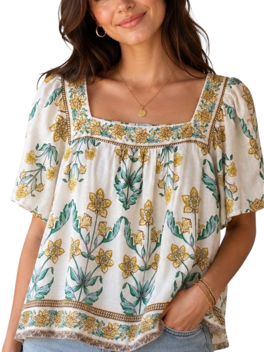 Draper James White Floral Square-Neck linen blend top szLarge